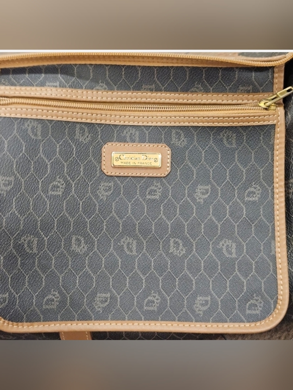 CHRISTIAN DIOR Vintage Honeycomb Boston Duffel Bag Navy Tan Leather Italy - Picture 3 of 14